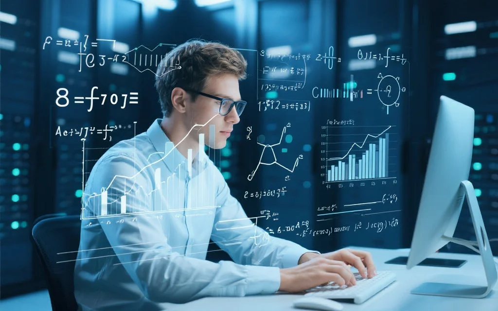 数学公式和图表覆盖在透明屏幕上，一位年轻分析师专注地操作电脑，背景为科技感十足的数据中心